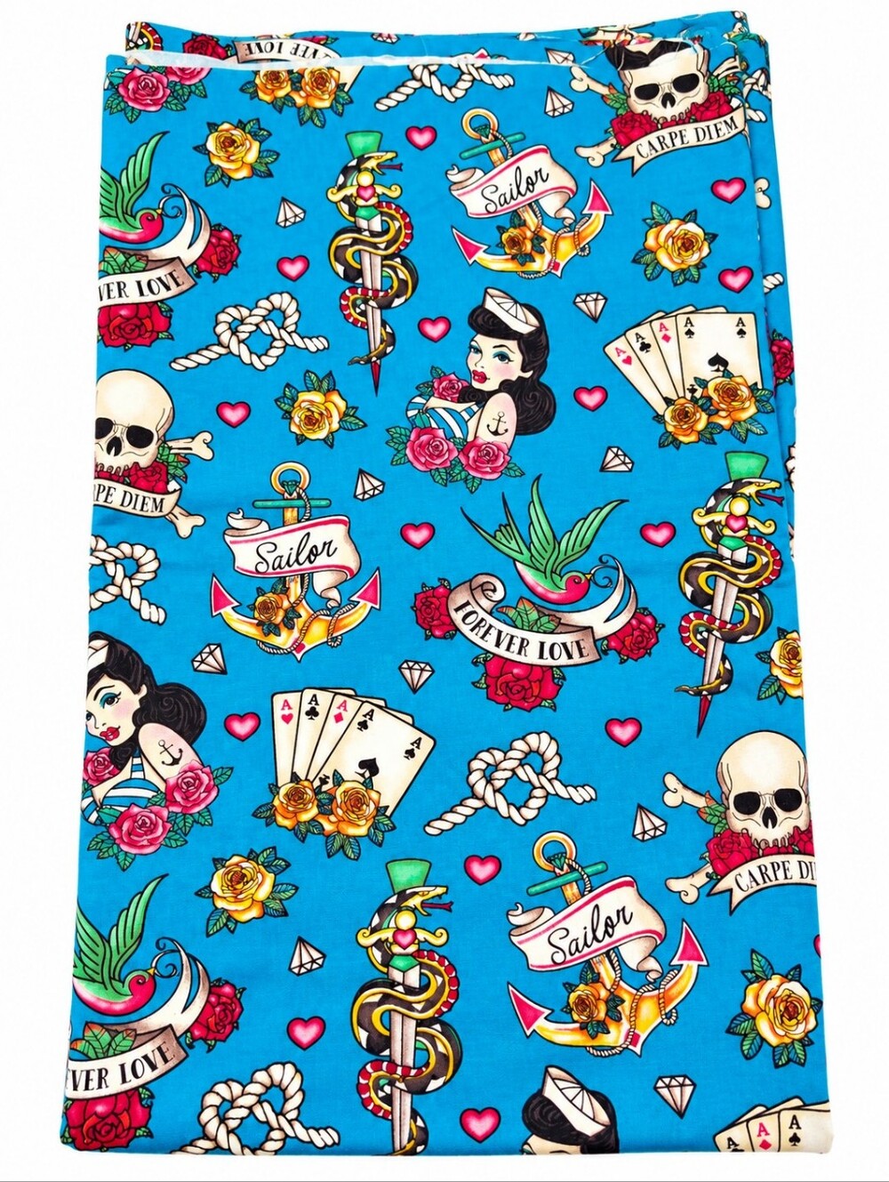 Vintage Tattoo Style Pinup Girl Skull Cotton Fabric Blue 1 Yard Rockabilly Quilt
